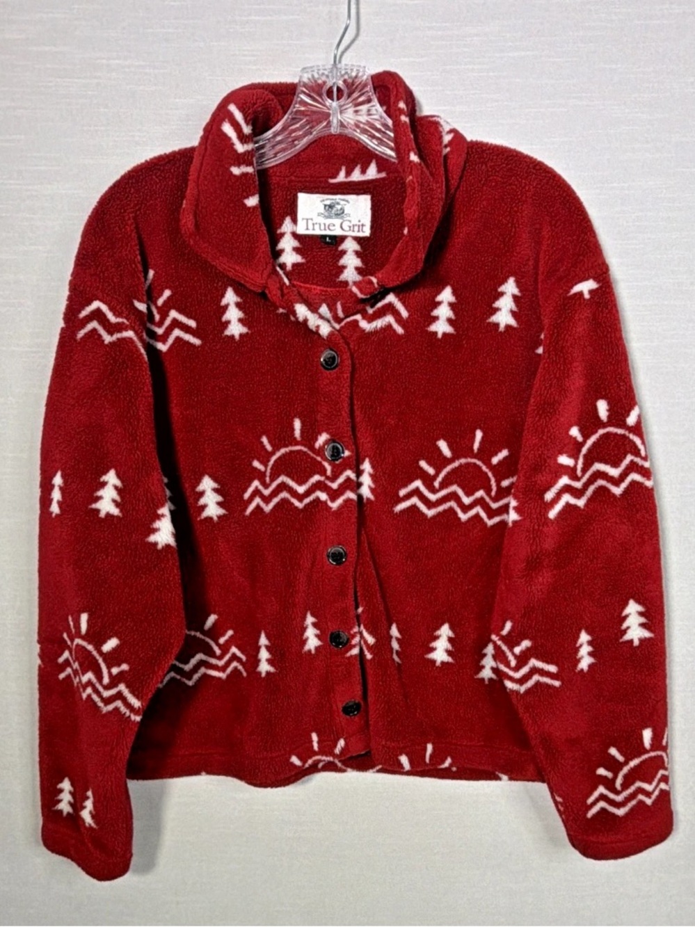 Vintage True Grit Red/White Novelty Collared Button Front Fleece Jacket